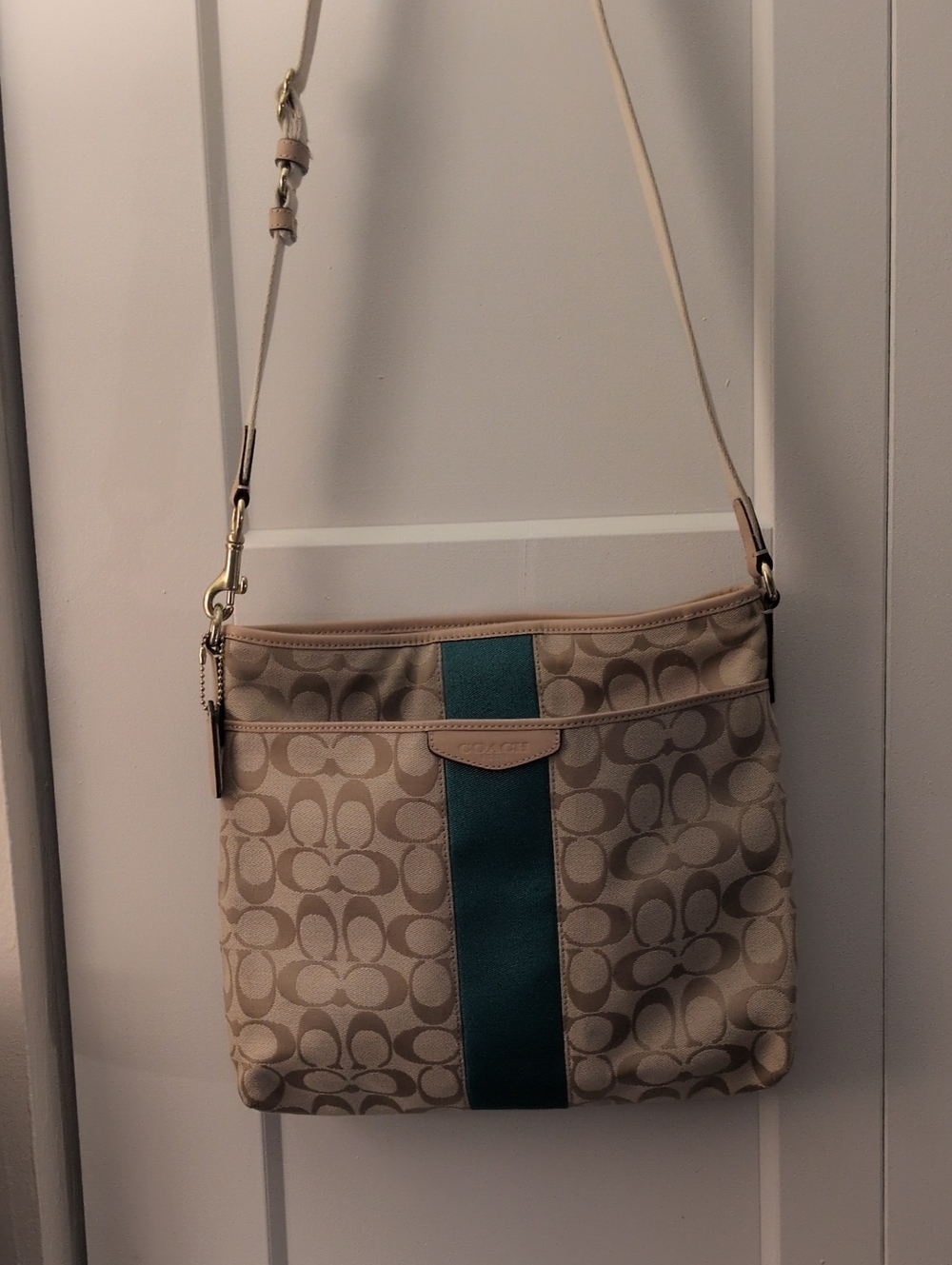 Vintage Coach Khaki Signature Crossbody with Teal Center Stripe